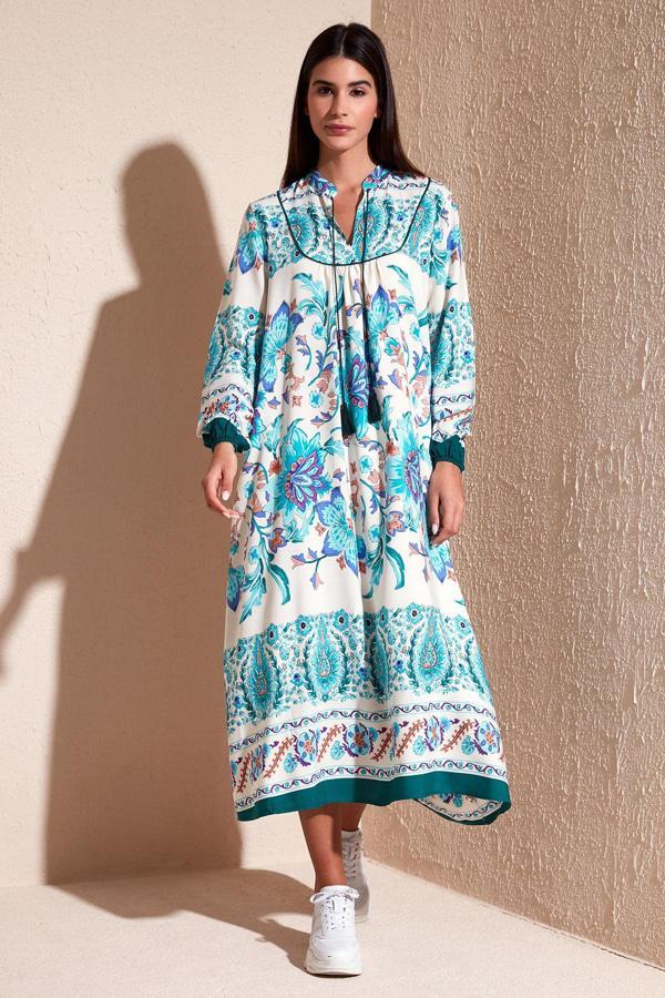 Lela Modest Desenli Regular Fit Bağlamalı V Yaka Maxi Bayan Elbise 611EL510 YEŞİL - Image 1