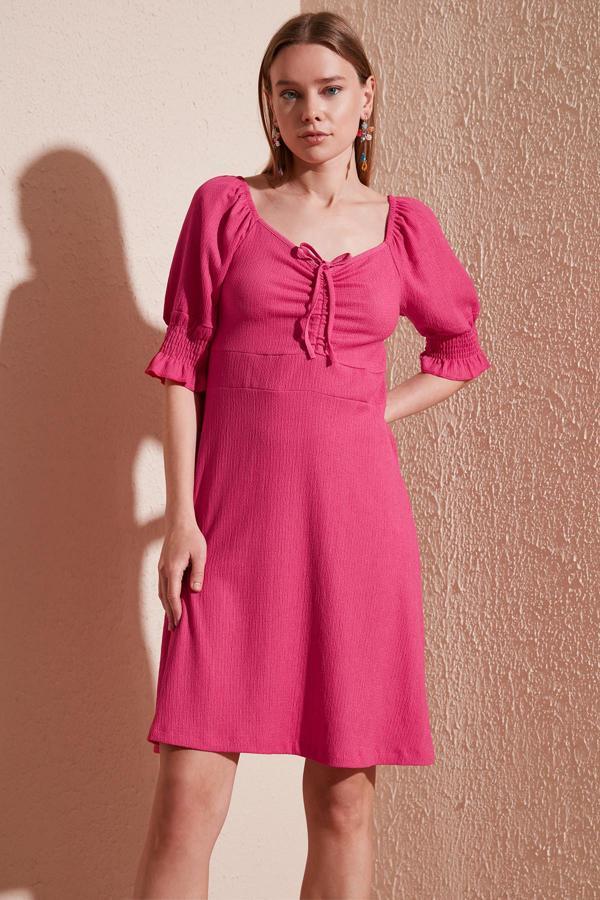 Lela Krinkıl Büzgülü V Yaka Kolları Gipeli Bayan Elbise 5865034 FUŞYA - Image 1