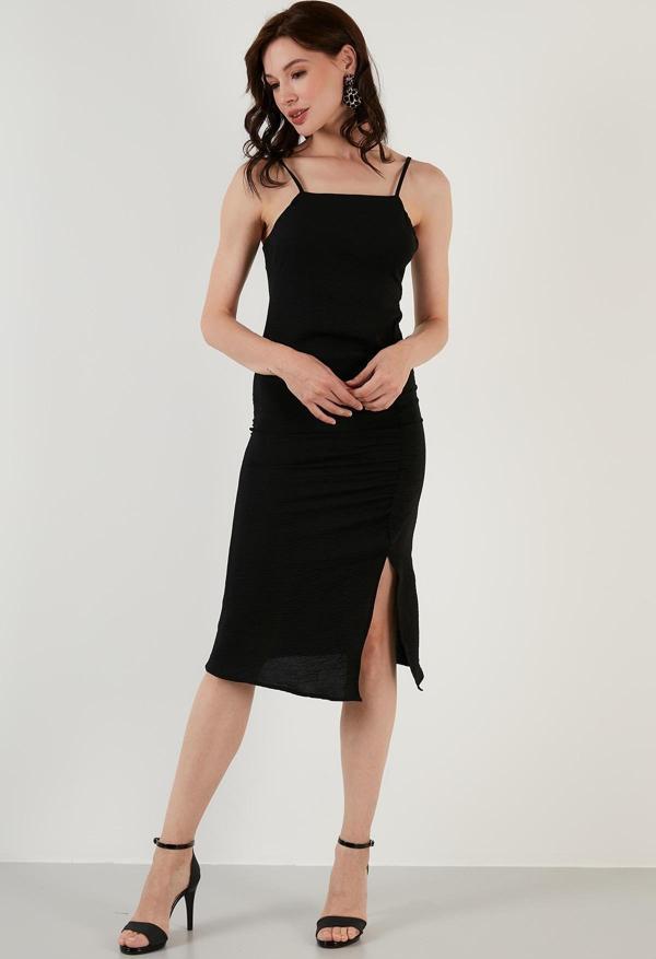 Lela Halter Yaka İp Askılı Yırtmaçlı Bayan Elbise 6057149 SİYAH - Image 1