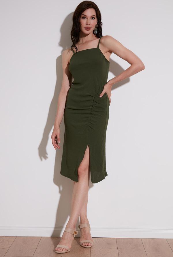 Lela Halter Yaka İp Askılı Yırtmaçlı Bayan Elbise 6057149 AÇIK HAKİ - Image 1