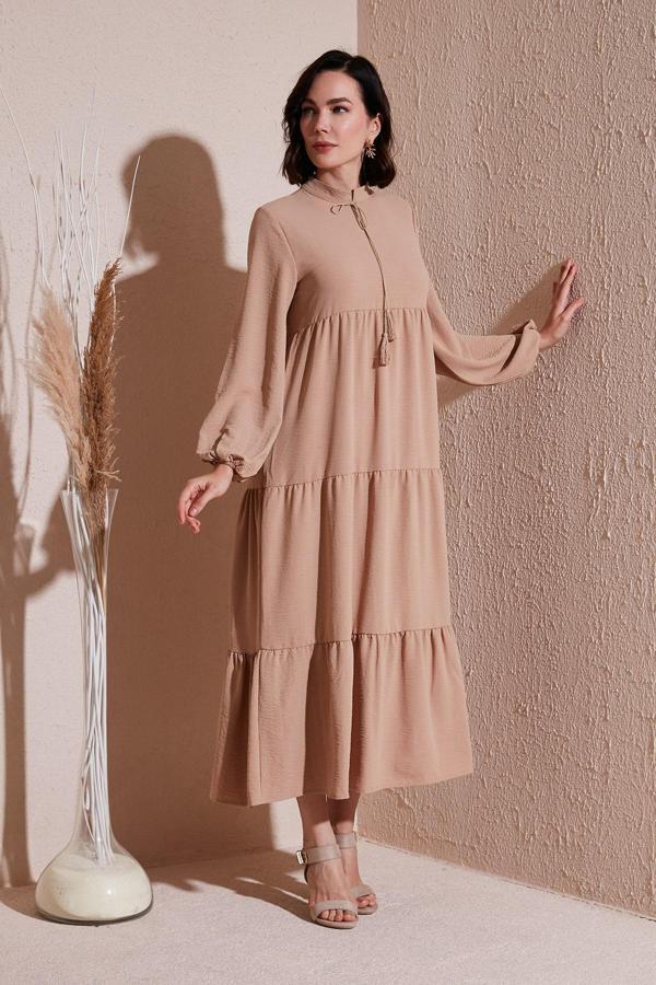 Lela Modest Regular Fit Dik Yaka Uzun Bayan Elbise 611EL545 CAMEL - Image 1