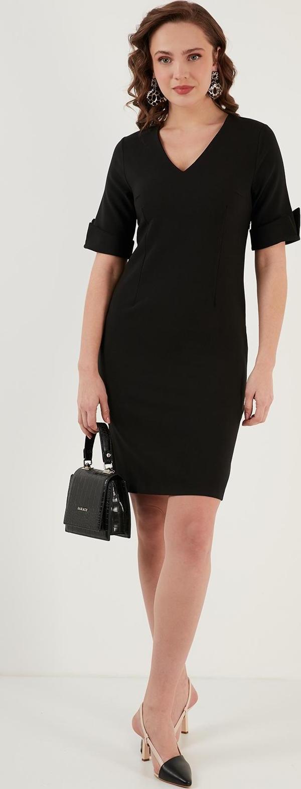 Lela Kol Detaylı V Yaka Yırtmaçlı Bayan Elbise 6058598 SİYAH - Image 1