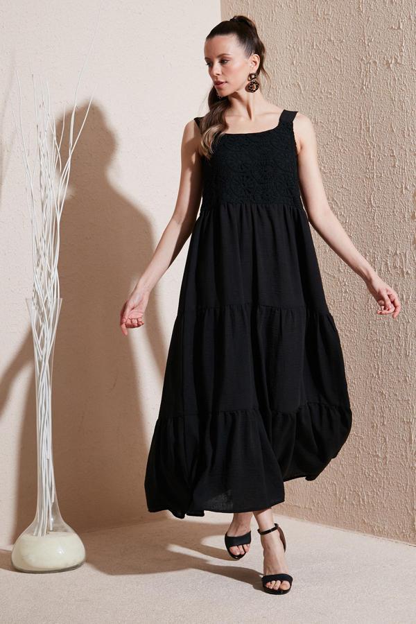 Lela Relaxed Fit Volanlı Uzun Bayan Elbise 611EL010 SİYAH - Image 1
