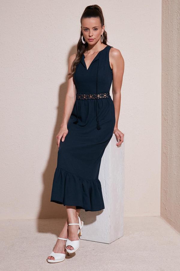 Lela Regular Fit Volanlı Kolsuz Midi Bayan Elbise 611EL574 LACİVERT - Image 1