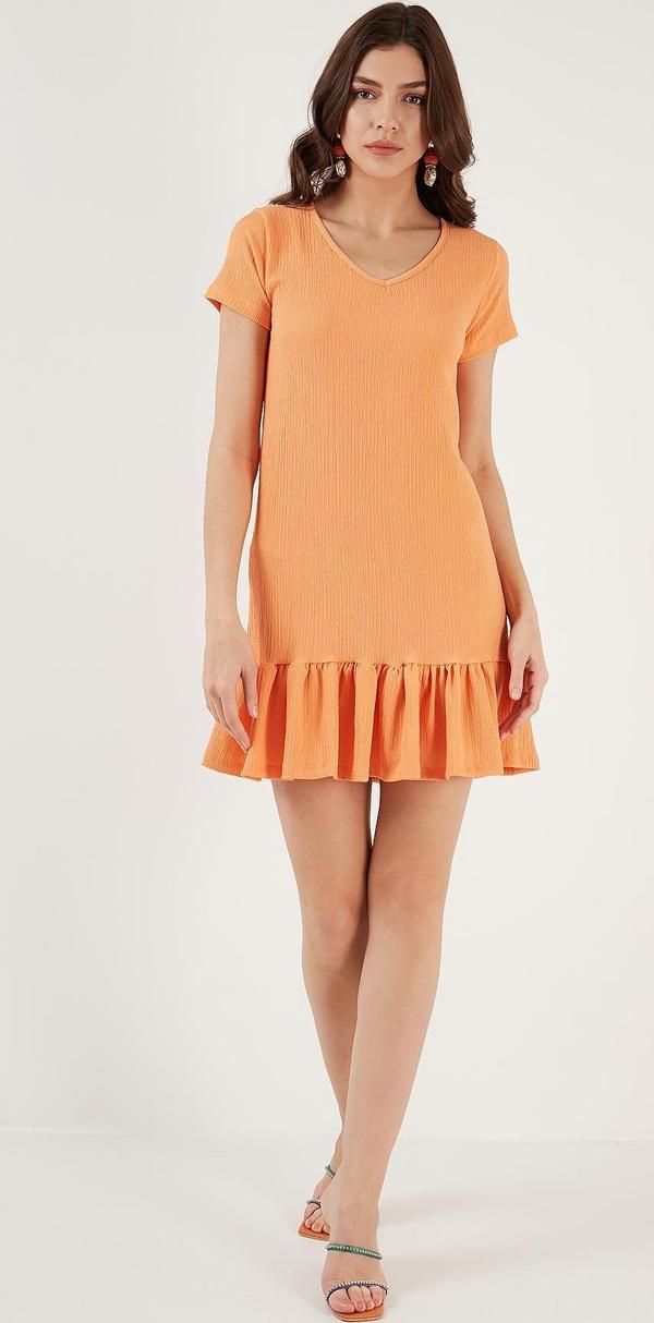 Lela Regular Fit Fırfırlı V Yaka Bürümcük Mini Bayan Elbise 5865071 AÇIK ORANJ - Image 1