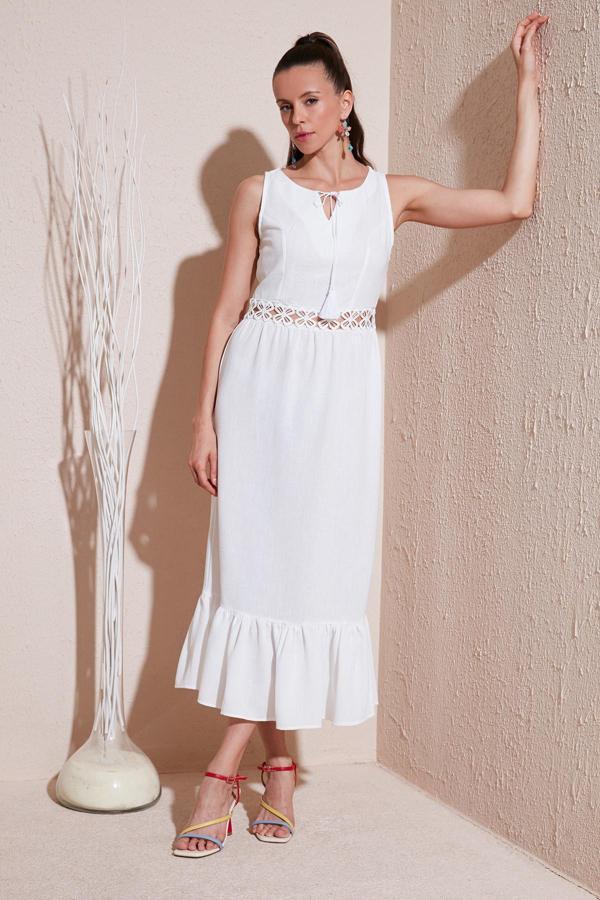 Lela Regular Fit Volanlı Kolsuz Midi Bayan Elbise 611EL574 EKRU - Image 1