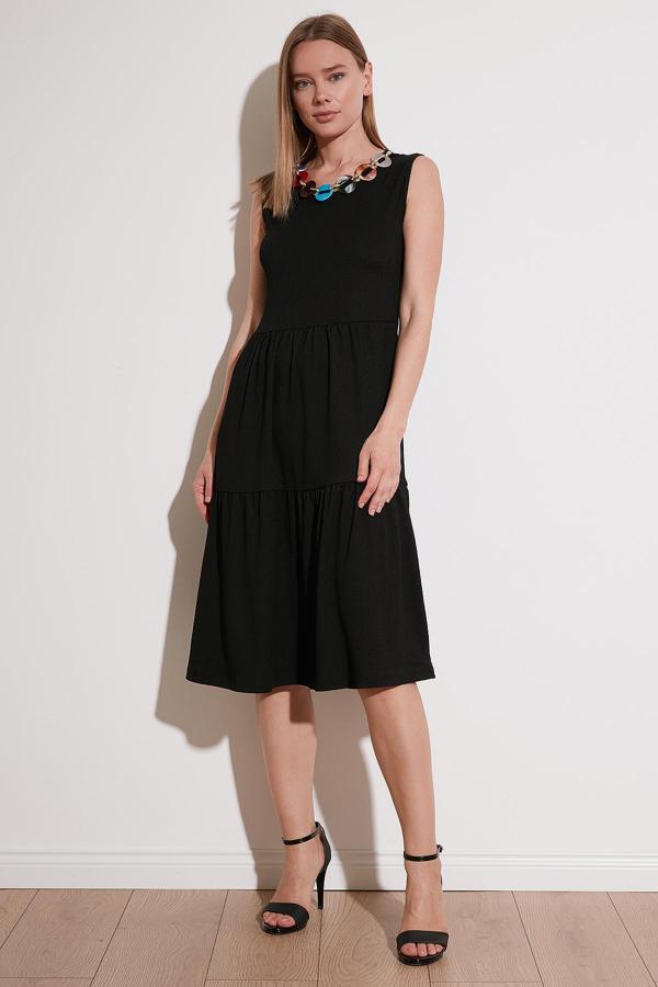 Lela Kolye Detaylı Rahat Kesim Kolsuz Midi Bayan Elbise 5865099 SİYAH - Image 1