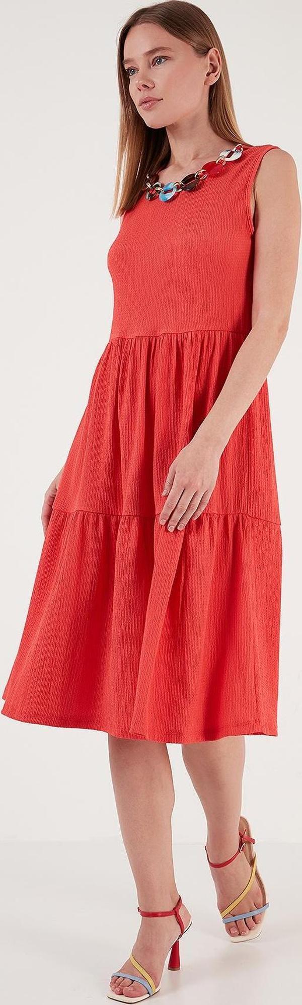 Lela Kolye Detaylı Rahat Kesim Kolsuz Midi Bayan Elbise 5865099 NAR ÇİÇEĞİ - Image 1