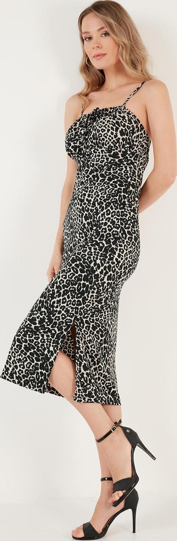 Lela Önü Büzgülü İp Askılı Yırtmaçlı Fitted Midi Bayan Elbise 5865362 LEOPAR - Image 1