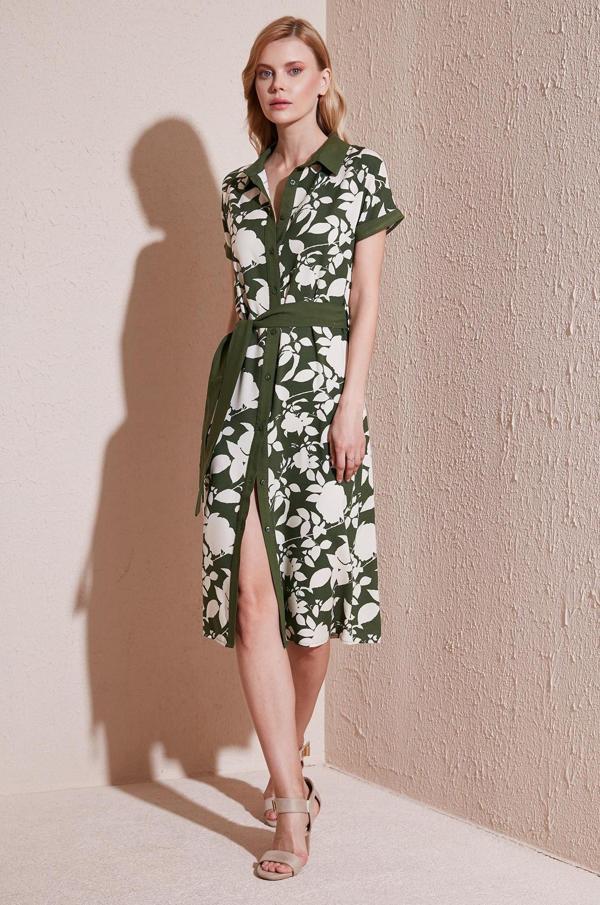 Lela Kemerli Regular Fit Midi Gömlek Bayan Elbise 66924552S4 Ekru-Haki - Image 1