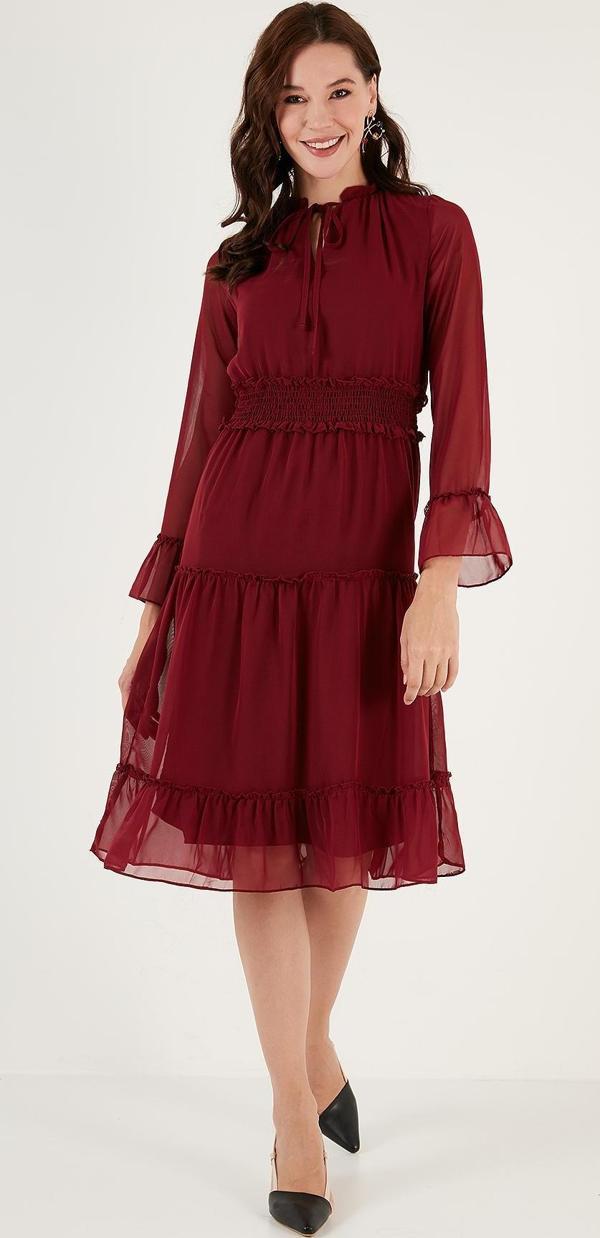 Lela Kolları Tül Gipeli Regular Fit Midi Boy Dokuma Şifon Bayan Elbise 611EL114 BORDO - Image 1