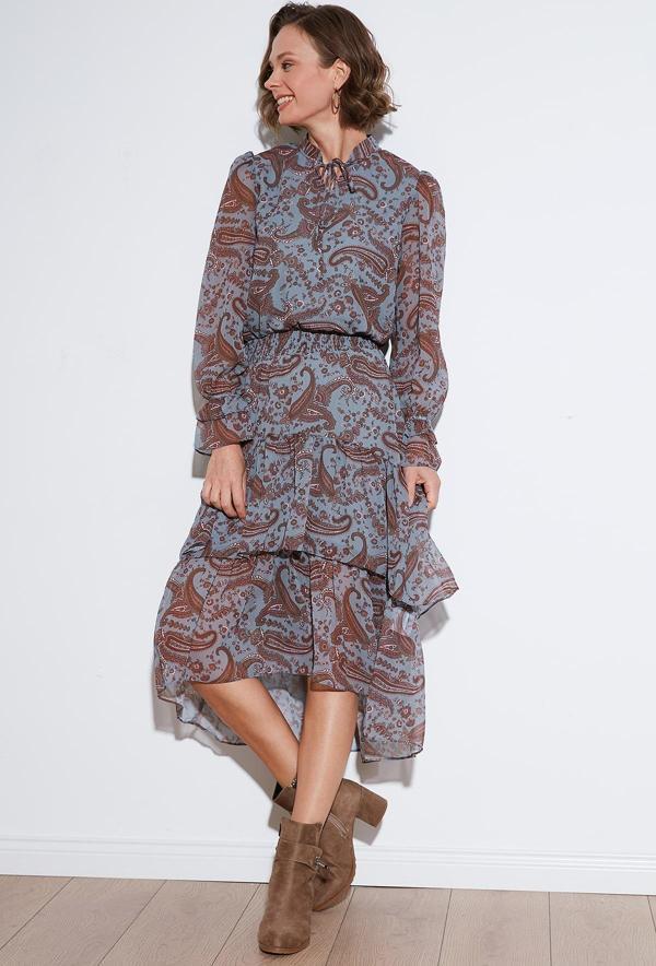 Lela Regular Fit Yaka Detaylı Volanlı Şifon Midi Bayan Elbise 611EL1448 MAVİ - Image 1