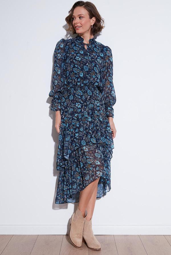 Lela Regular Fit Boyundan Bağlamalı Volanlı Şifon Midi Bayan Elbise 611EL1450 LACİVERT - Image 1