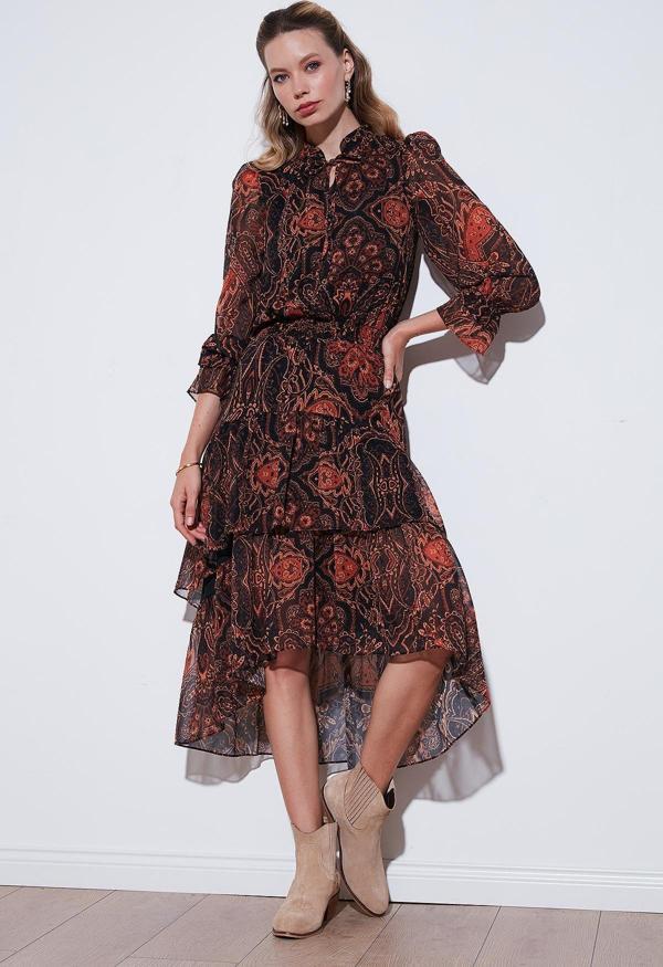 Lela Standart Fit Yaka Detaylı Volanlı Şifon Midi Bayan Elbise 611EL1451 KAHVE - Image 1