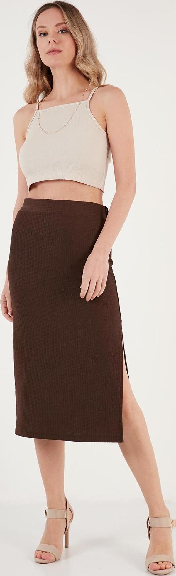 Lela Yüksek Bel Yırtmaçlı Dar Kesim Midi Bayan Etek 5865600 KAHVE - Image 1