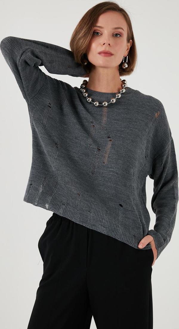 Lela Bisiklet Yaka Yırtık Desenli Triko Bayan Kazak 4616168 KOYU GRİ - Image 1