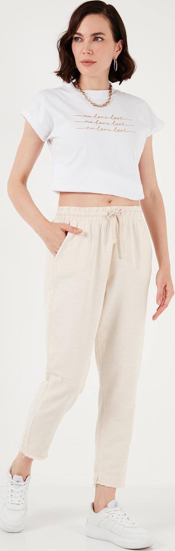 Lela Pamuklu Belden Bağlamalı Yüksek Bel Keten Görünümlü Kısa Paça Bayan Pantolon 668YP5134 TAŞ - Image 1