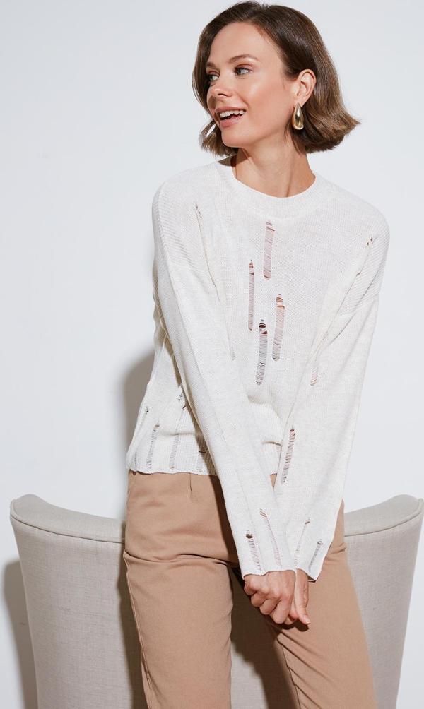 Lela Bisiklet Yaka Yırtık Desenli Triko Bayan Kazak 4616168 Açık Taş - Image 1