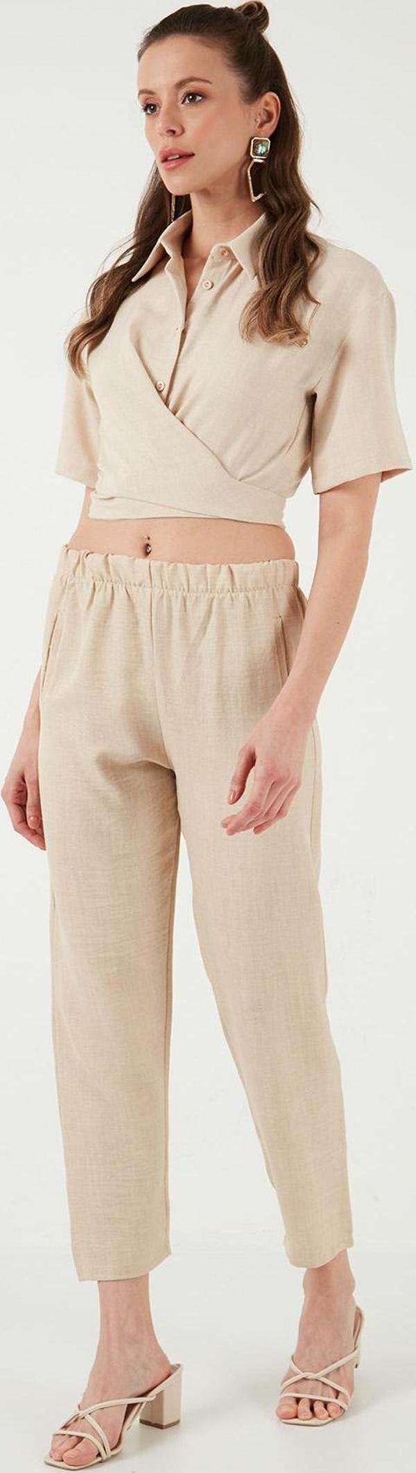 Lela Beli Lastikli Keten Görünümlü Bayan Pantolon 5865797 BEJ - Image 1