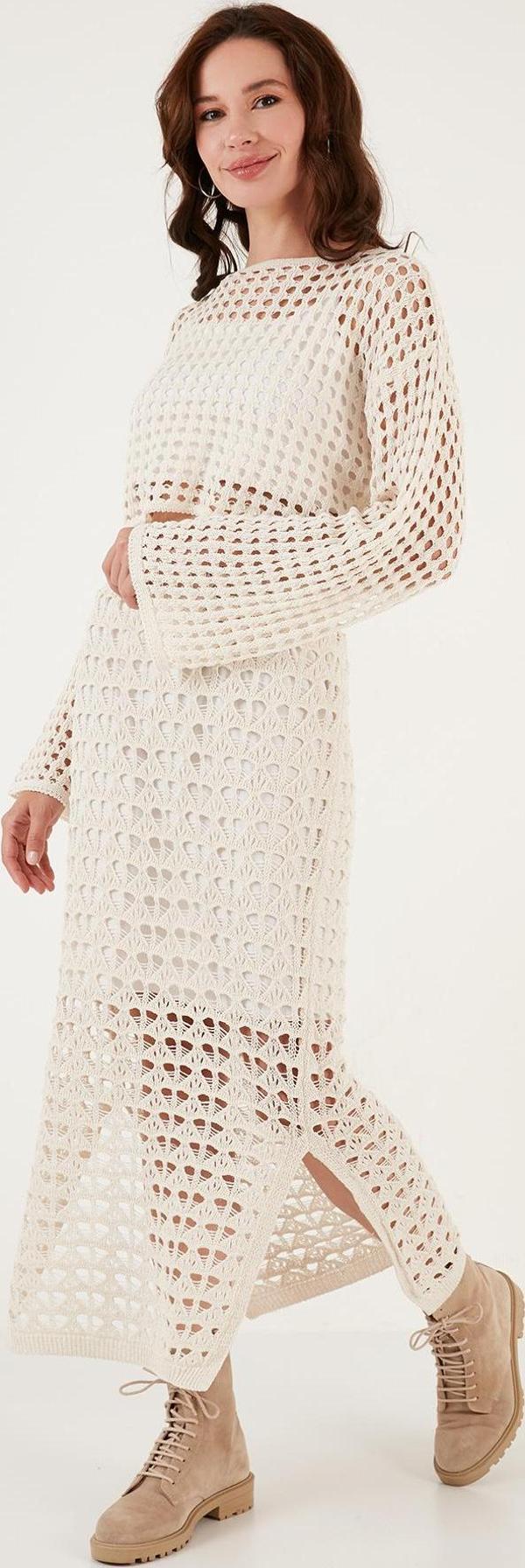 Lela Astarlı Ajurlu Yırtmaçlı Örgü Bayan Etek 6071577 EKRU - Image 1