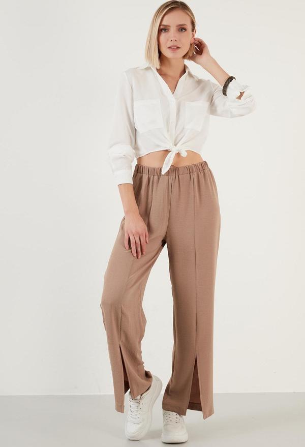 Lela Elastik Bel Bantlı Yırtmaçlı Rahat Kesim Bayan Pantolon 6057038 VİZON - Image 1