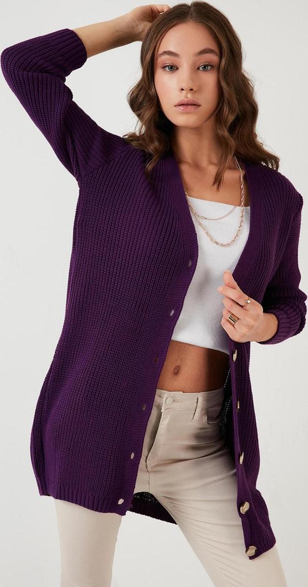 Lela % 100 Akrilik Triko Örme Uzun Bayan Hırka 4615044 MOR - Image 1