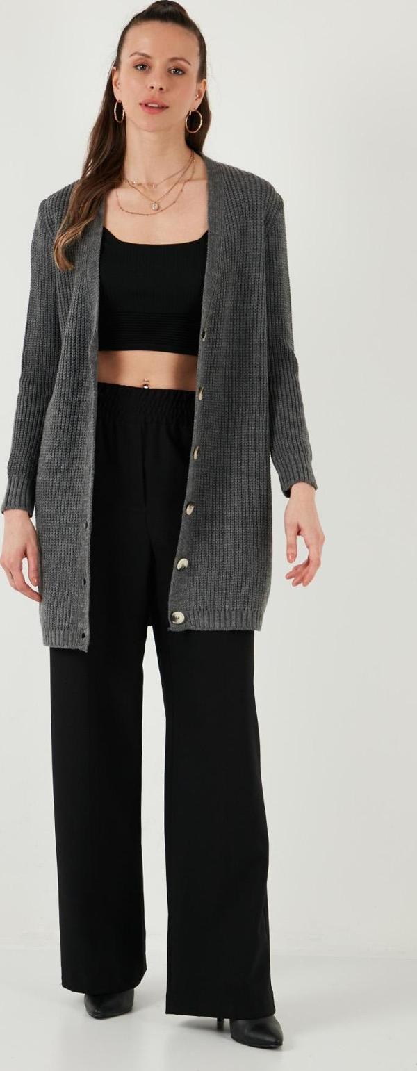 Lela % 100 Akrilik Triko Örme Uzun Bayan Hırka 4615044 KOYU GRİ - Image 1