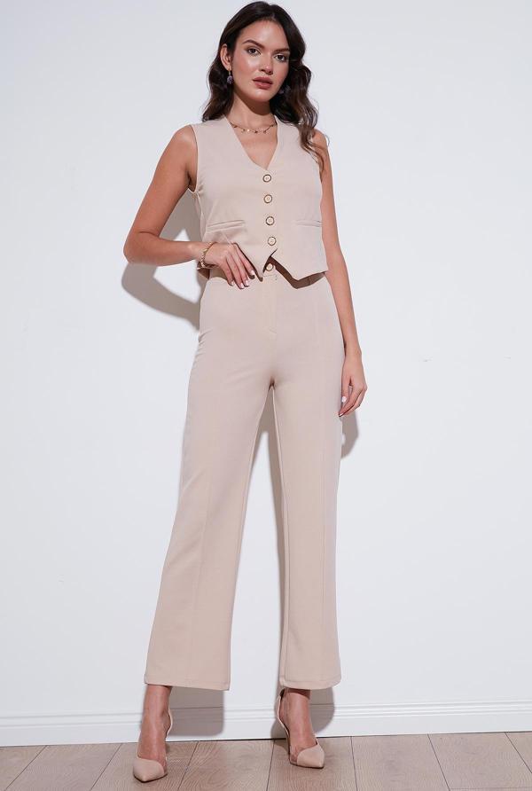 Lela Standart Fit Çimalı Yüksek Bel Düz Paça Bayan Pantolon 5865972 TAŞ - Image 1