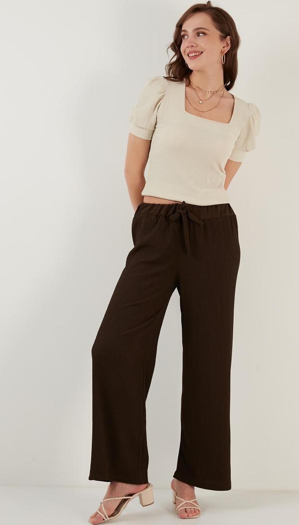 Lela Belden Bağlamalı Rahat Kesim Krinkıl Kuımaş Bayan Pantolon 5862061 KAHVE - Image 1