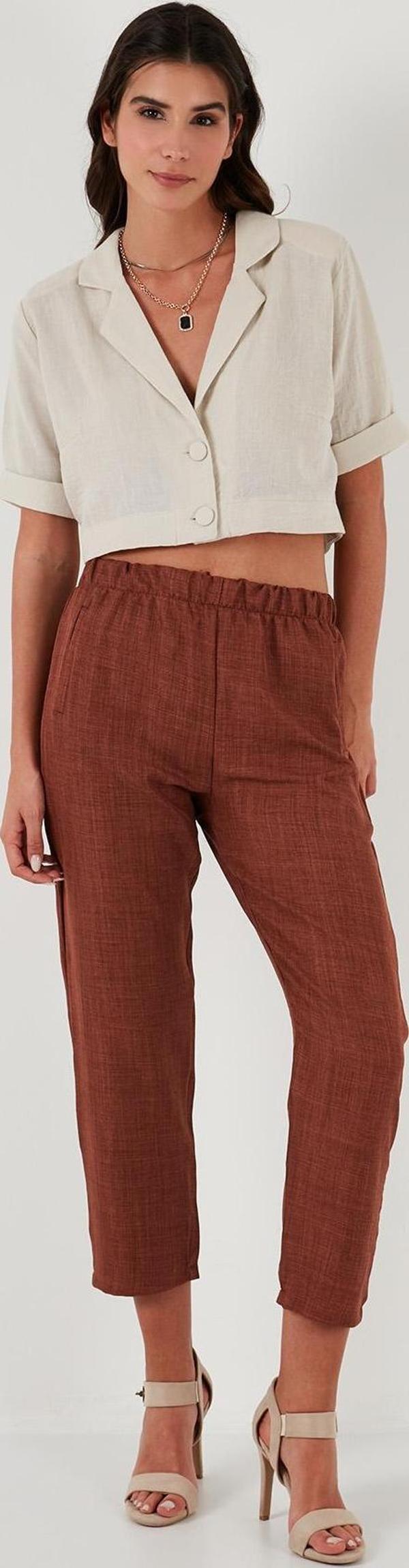 Lela Beli Lastikli Keten Görünümlü Bayan Pantolon 5865797 KAHVE - Image 1
