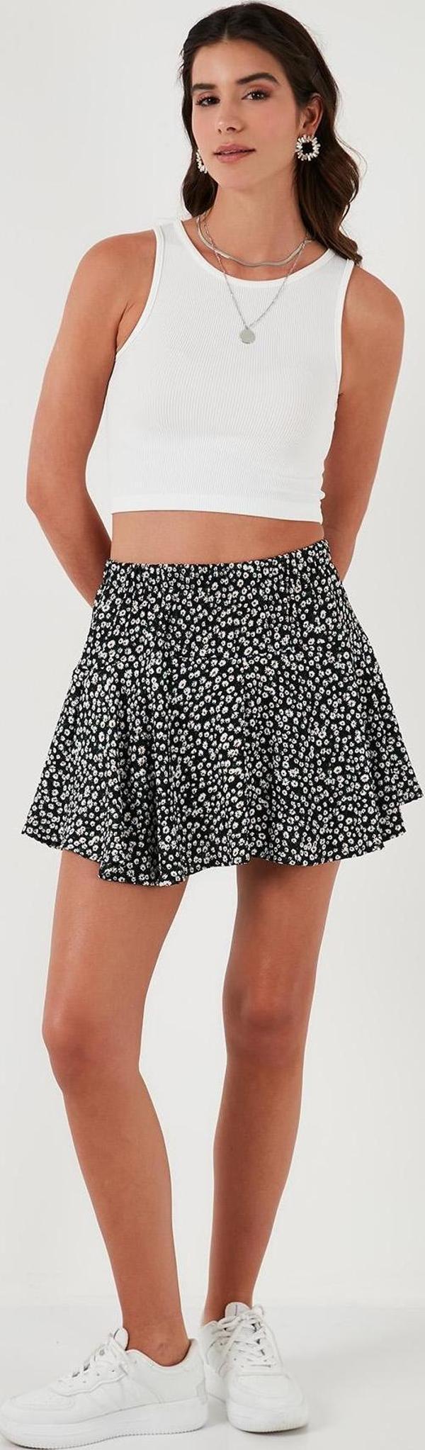 Lela Desenli Beli Lastikli Mini Bayan Şort Etek 5865118 SİYAH - Image 1