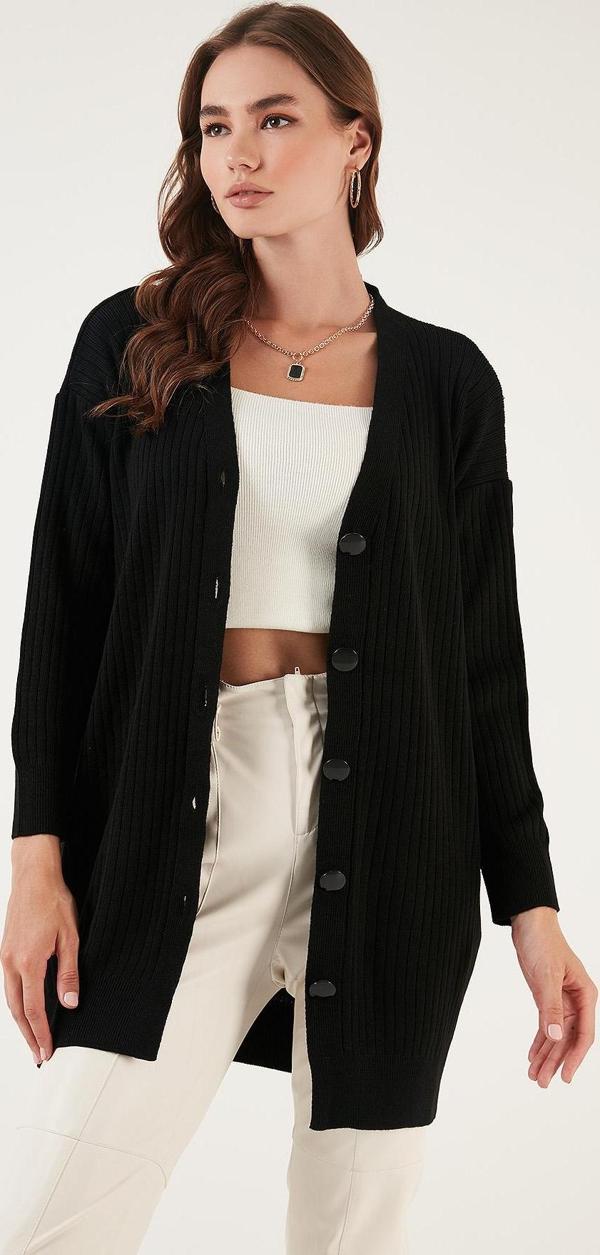 Lela V Yaka Düğmeli Uzun Triko Bayan Hırka 4616040Y SİYAH - Image 1