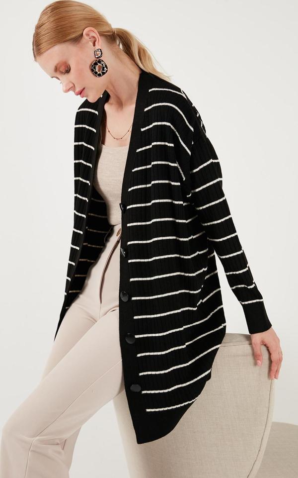 Lela V Yaka Düğmeli Triko Bayan Hırka 4616137 SİYAH-KREM - Image 1