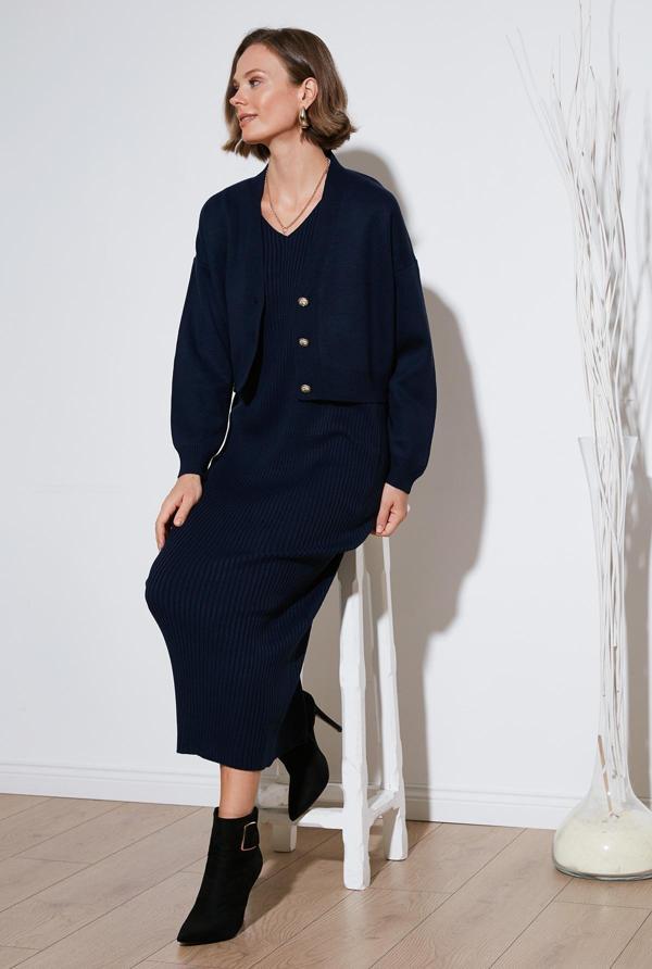 Lela V Yaka Düğmeli Triko Crop Bayan Hırka 4616170 LACİVERT - Image 1