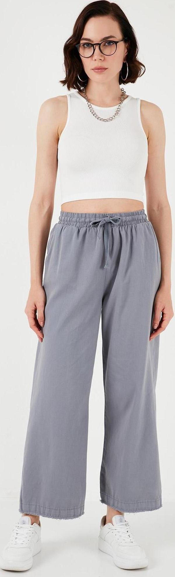 Lela Pamuklu Belden Bağlamalı Yüksek Bel Geniş Paça Cepli Regular Fit Bayan Pantolon 668YP4760 GRİ - Image 1