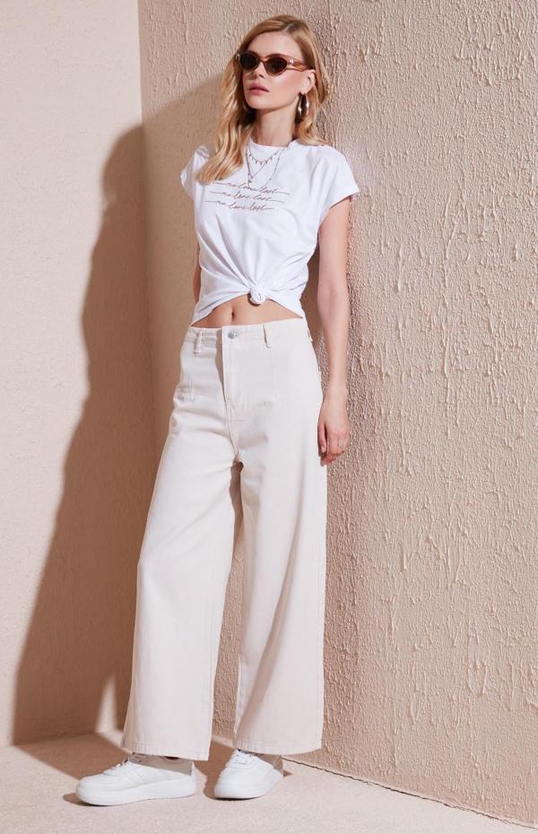 Lela Pamuklu Relaxed Fit Geniş Paça Bayan Pantolon 668YP5237 TAŞ - Image 1