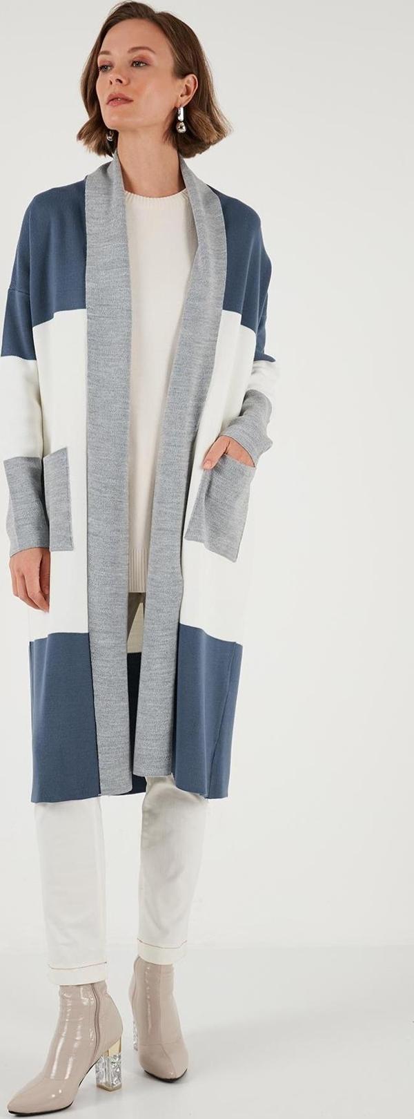 Lela Modest Regular Fit Renk Bloklu Uzun Tesettür Triko Bayan Hırka 4616172 AÇIK GRİ - Image 1