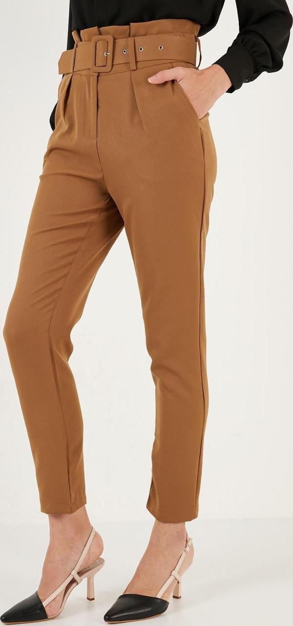 Lela Yüksek Bel Cepli Kemerli Regular Fit Kumaş Bayan Pantolon 611PL04 HARDAL - Image 1
