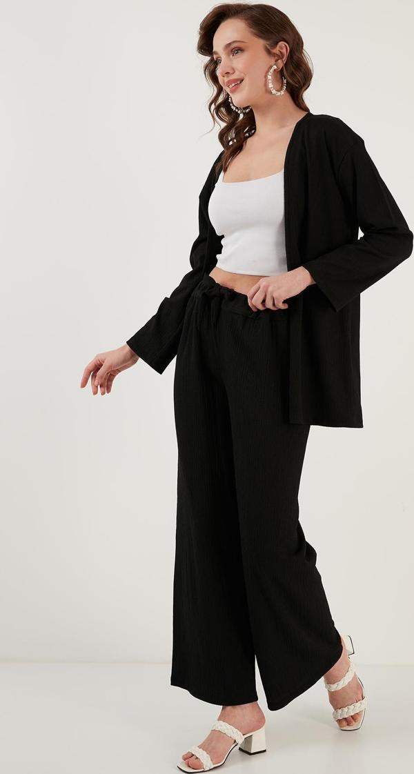 Lela Belden Bağlamalı Rahat Kesim Krinkıl Kuımaş Bayan Pantolon 5862061 SİYAH - Image 1