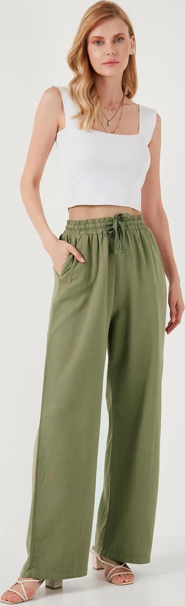 Lela Pamuklu Relaxed Fit Yüksek Bel Bol Paça Bayan Pantolon 668YP5118 HAKİ - Image 1