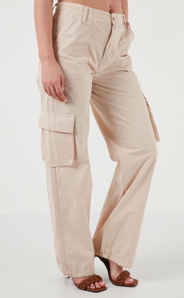 Lela Pamuklu Yüksek Bel Geniş Paça Kargo Bayan Pantolon 668YP50022S4 TAŞ - Image 1