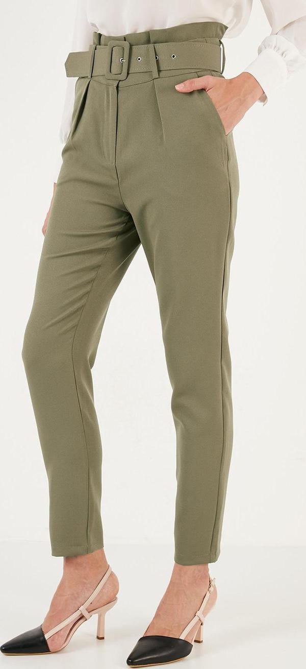 Lela Yüksek Bel Cepli Kemerli Regular Fit Kumaş Bayan Pantolon 611PL04 Olive - Image 1