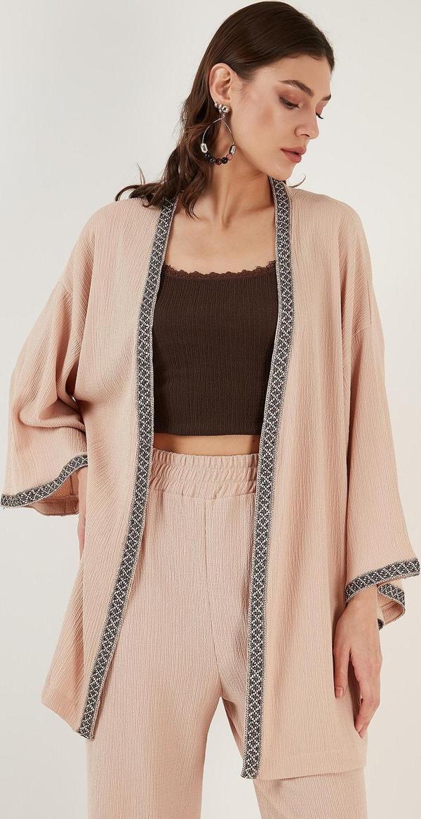 Lela Bürümcük Rahat Kesim Geniş Kollu Uzun Kimono Bayan Hırka 6239165 TAŞ - Image 1