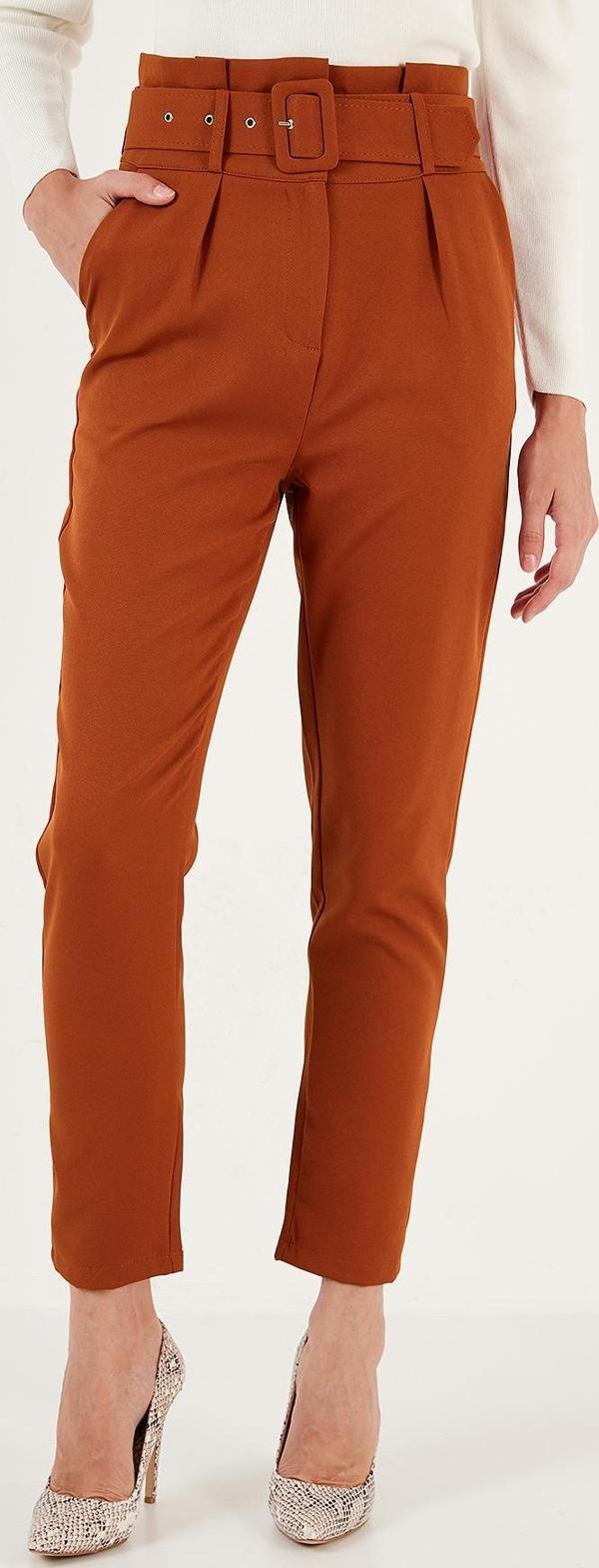 Lela Yüksek Bel Cepli Kemerli Regular Fit Kumaş Bayan Pantolon 611PL04 KİREMİT - Image 1