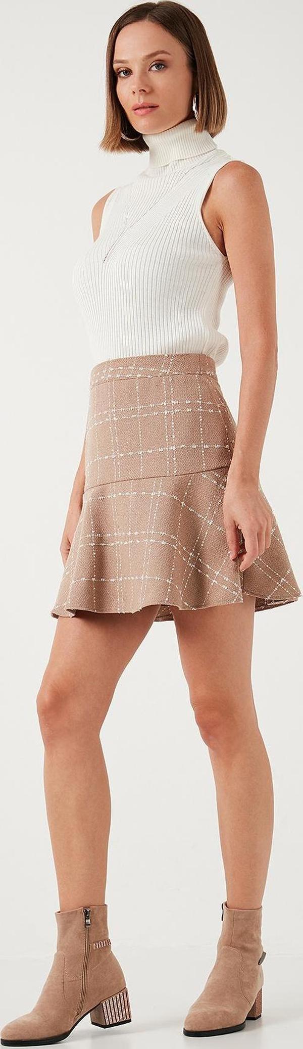 Lela Kareli Volanlı Mini Kışlık Bayan Etek 611ET00176W4 CAMEL - Image 1