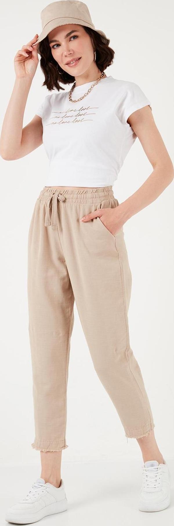 Lela Pamuklu Belden Bağlamalı Yüksek Bel Keten Görünümlü Kısa Paça Bayan Pantolon 668YP5134 CAMEL - Image 1