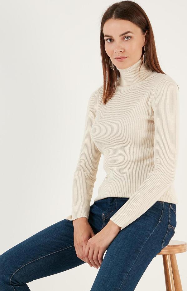 Lela Fitilli Regular Fit Balıkçı Yaka Soft Akrilik Bayan Kazak 4614102 KREM - Image 1