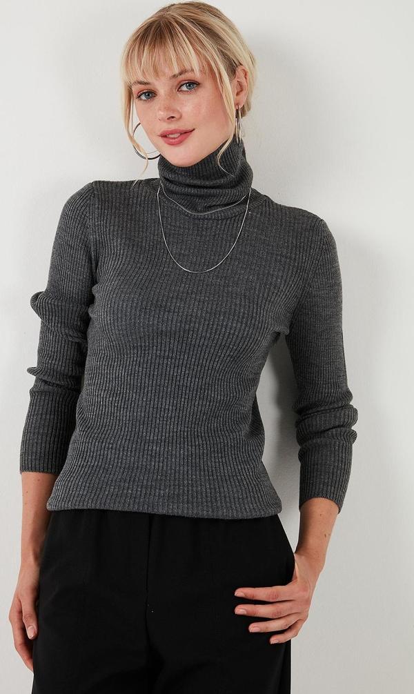 Lela Fitilli Regular Fit Balıkçı Yaka Soft Akrilik Bayan Kazak 4614102 Kar Gri - Image 1