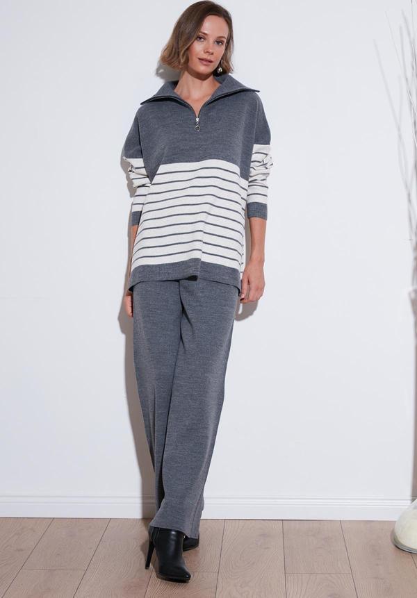 Lela Akrilik Geniş Paça Triko Bayan Pantolon 4616080Y KOYU GRİ - Image 1