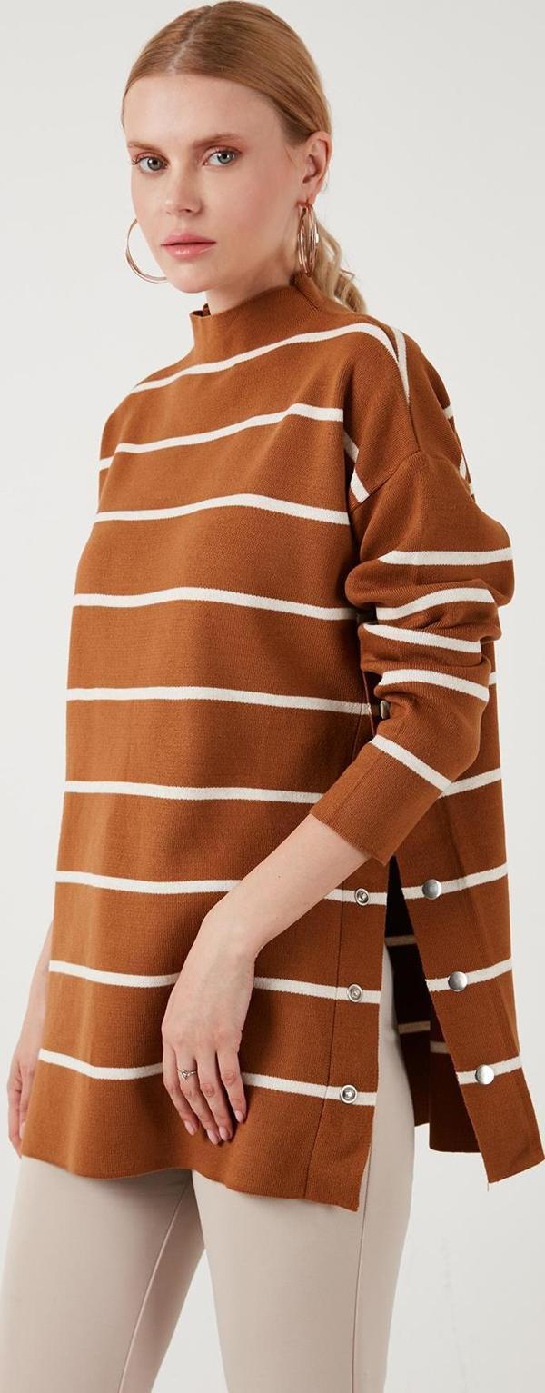 Lela Çizgili Dik Yaka Onesize Triko Bayan Kazak 4615197Y Toprak-Krem - Image 1